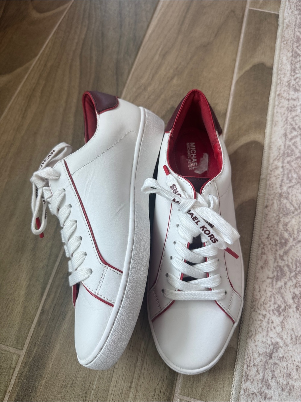 Michael Kors White Leather Sneakers with Burgundy Accents